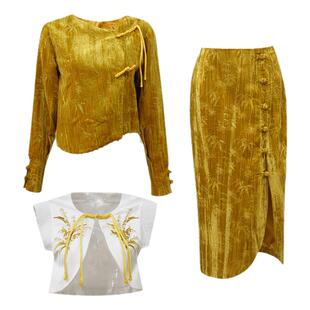 澄渔高定【万壑金】新中式盘扣钉珠进口金丝绒上衣半裙马甲套装