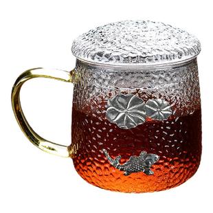 锤纹玻璃茶杯小号300ml带盖带手把手办公室女士水杯个性创意