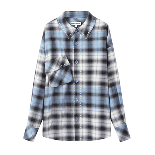 ANDREA MARTIN2026春季新款复古格子珍珠印花落肩袖宽松衬衫外套