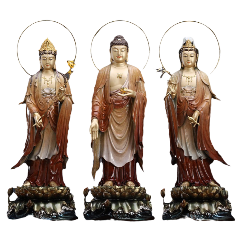 台湾黄铜彩绘西方三圣佛像站像