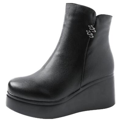 松糕坡跟复古风手工加绒保暖冬靴