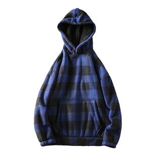 日单羊羔绒加绒加厚保暖撞色格子男女士连帽套头休闲卫衣帽衫情侣