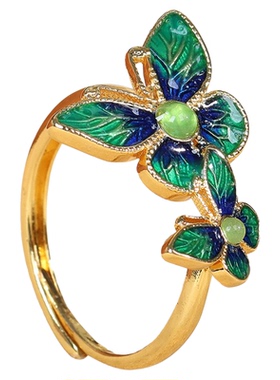 复古双彩蝶逐花戒指女款珐琅彩工艺指环古风仙气活口可调节食指戒