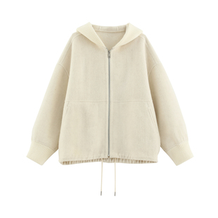 【月如】蓬松超细100绵羊毛双面呢毛织拼接连帽拉链大衣外套-7209