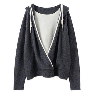 重磅加厚七针双股100%山羊绒连帽针织衫撞色设计感慵懒风打底毛衣