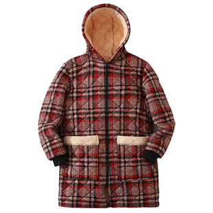 加肥大码加厚羽绒服罩衣大人女长袖加绒连帽工作服棉袄成人围裙冬