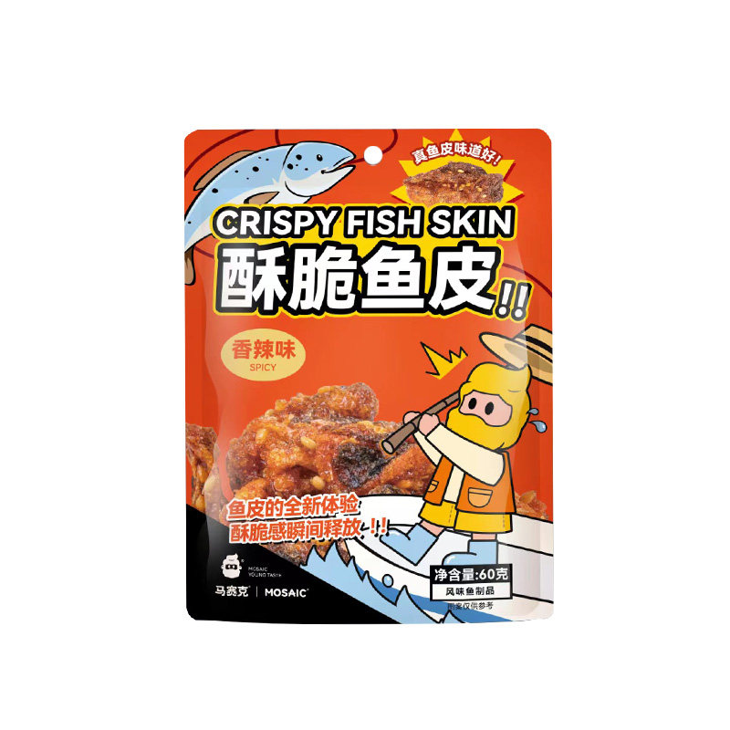 马赛克辣味鱼皮零食香辣香酥鳕鱼皮开袋零食即食休闲办公室零食