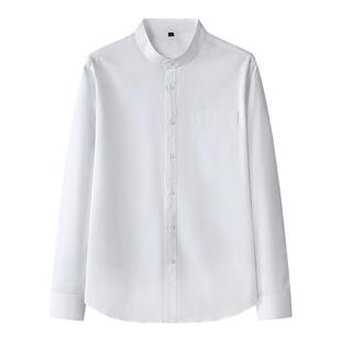 白小立领衬衫男长袖春秋款弹力有口袋中山装村子圆领无领占领衬衣