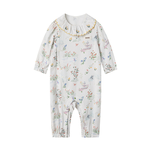 嫚熙婴儿衣服宝宝春季连体衣丝麻棉透气连身衣男女童哈衣儿童爬服