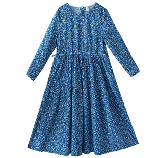 6折【田间漫步】复古怀旧蓝圆领碎花连衣裙女秋季新款收腰印花裙