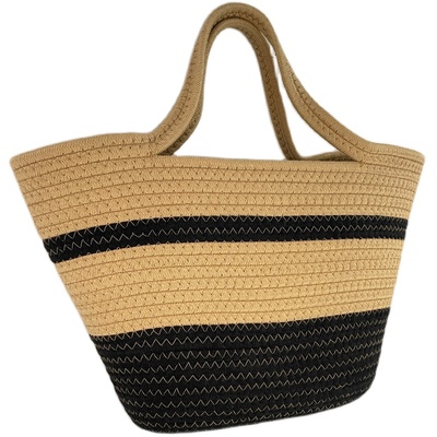 棉线大容量通勤高级感百搭撞色编织包包女士单肩沙滩包托特包