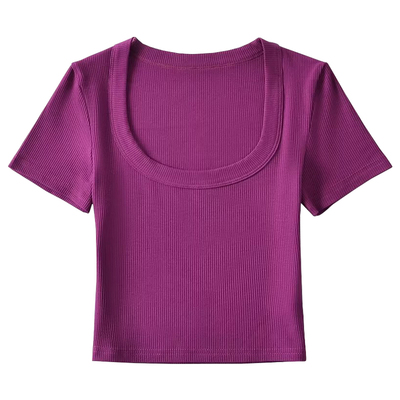 欧美U领短款露脐弹力短袖T恤上衣