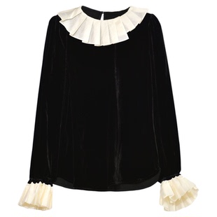 黑色金丝绒女上衣秋装2024年新款法式喇叭袖复古真丝丝绒长袖衬衫