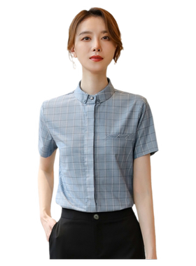诗璐雅蓝色格子短袖衬衫女2023夏
