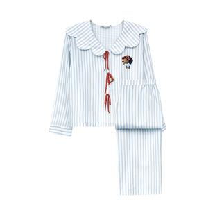 腊肠小狗』桑罗条纹印花桑蚕丝睡衣套装女娃娃领长袖家居服可外穿