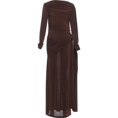 不规则褶皱飘带修身长袖连衣裙女