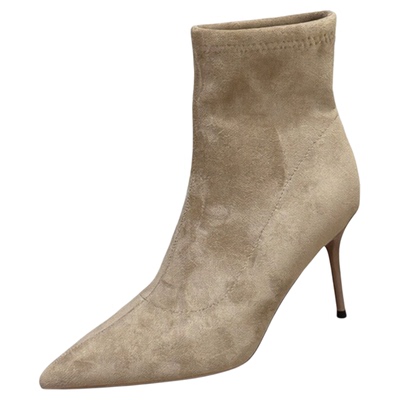 尖头绒面短靴加绒8cm高跟时装靴