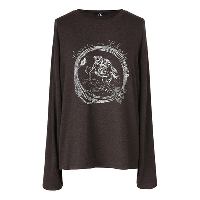 印花绒感落肩袖宽松长袖T恤