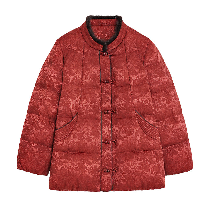 鹅绒服高档品牌冬季中长款保暖上衣中老年女装红色喜庆老太太袄子