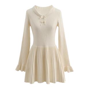 森女部落甜美风温柔气质设计感百搭修身显瘦长袖针织连衣裙女春季