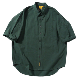 夏季日系男士短袖衬衫纯棉尖领痞帅休闲衬衣oversise工装休闲上衣