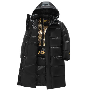 青少年中长款亮面带帽羽绒棉服男装黑金加厚防寒保暖初中学生棉衣