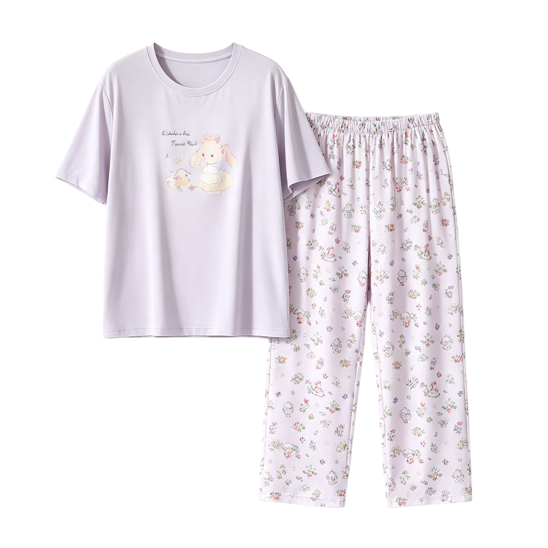 猫人莫代尔棉睡衣女带胸垫夏季薄款短袖七分裤凉感宽松家居服套装