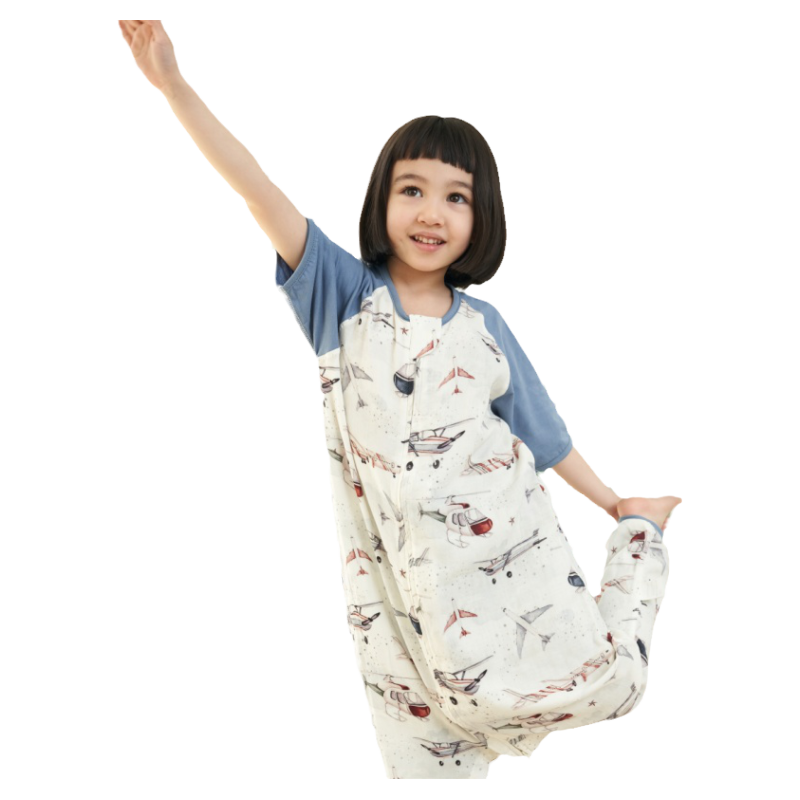 安旦夏季宝宝短袖双层竹棉纱布睡袋 空调房薄款婴儿分腿防踢被