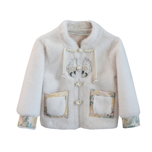 水貂毛毛外套女童秋冬装皮毛一体儿童新中式国风汉服女孩皮草上衣