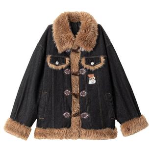 KEIKO [绗缝夹棉]复古毛绒翻领牛仔外套冬季高级感羊羔毛拼接棉服
