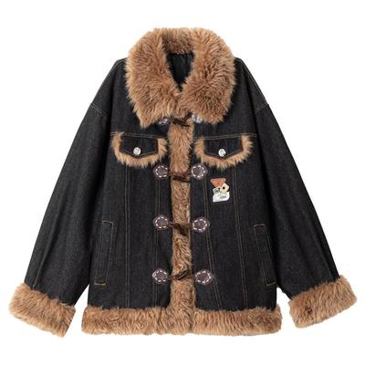 KEIKO [绗缝夹棉]复古毛绒翻领牛仔外套冬季高级感羊羔毛拼接棉服