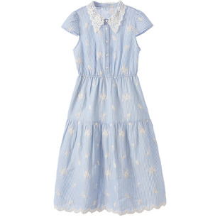 betu百图法式花卉刺绣条纹连衣裙女2026年夏季新款短袖收腰长裙