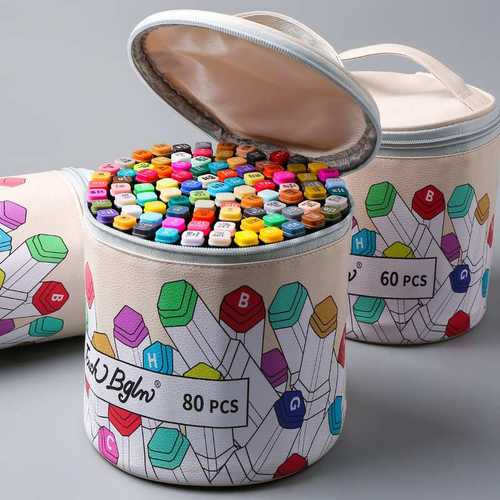 马克笔收纳袋手提防水pu皮袋袋60/80圆形色彩批发笔袋便携收纳盒