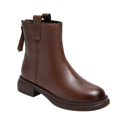 显瘦棕色低粗跟软皮舒适马丁靴女