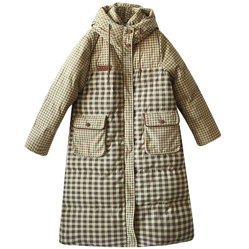 【新风日暖】连帽加厚羽绒服女士冬季长款格子灯芯绒保暖防寒外套