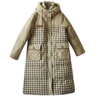【新风日暖】连帽加厚羽绒服女士冬季长款格子灯芯绒保暖防寒外套