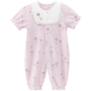 木生棉女宝宝短袖连体衣夏季薄款婴儿丹麦提花透气哈衣公主百天服