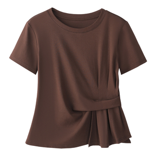 纯棉短款短袖T恤女夏季新款不规则遮肚子宽松显瘦设计感气质上衣
