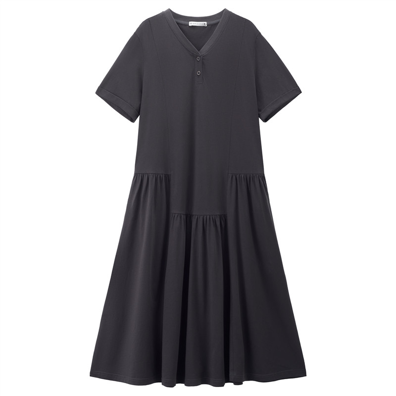 设计师款佐丹奴灰色裙子女夏季宽松V领拼接短袖连衣裙女18466217