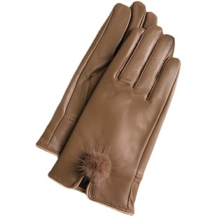 多色  白色真皮手套红色粉色羊皮加绒女士手套水貂毛球款新年礼物