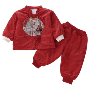 男女宝宝拜年服红色加绒唐装儿童秋冬季周岁礼服新年喜庆两件套装