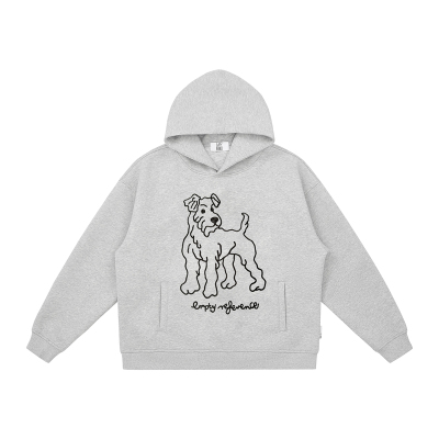 EMPTY REFERENCE麻灰手绘猎狐梗链式刺绣复古宽松落肩连帽卫衣