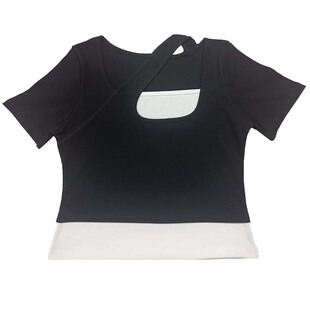 高腰辣妹不规则短袖T恤女夏款紧身小心机个性假两件短款上衣别致