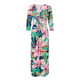 马天奴2025夏季新款粉色印花连衣裙子V领修身收腰撞色气质时尚女