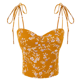 【包邮】法式复古黄底碎花抹胸吊带上衣女细肩带绑绳修身显瘦背心