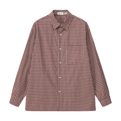 雾撞山野红色格纹衬衫男春季新款日系复古宽松百搭文艺衬衣外套潮