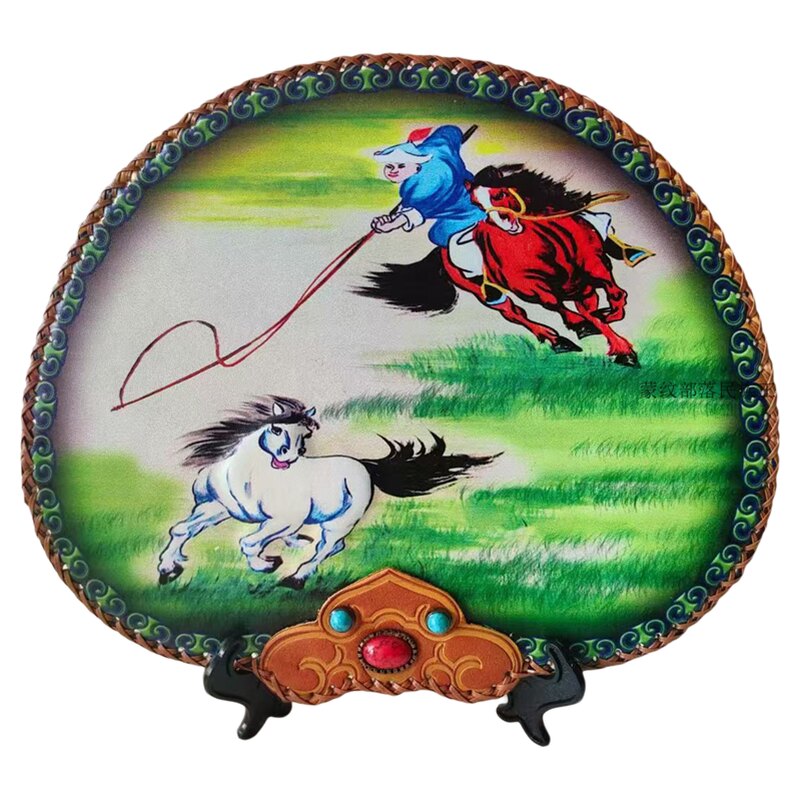 内蒙古扇形皮画手工艺品摆台礼盒