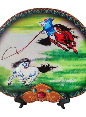 内蒙古扇形皮画手工艺品摆台礼盒