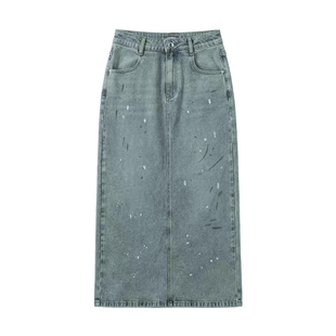 DKNY JEANS唐可娜儿26夏季新款牛仔半身裙女直筒后开叉时尚泼墨潮