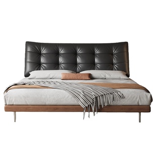 现代简约大黑熊软包真皮床中古风主卧1米8双人床齐边白蜡木实木床